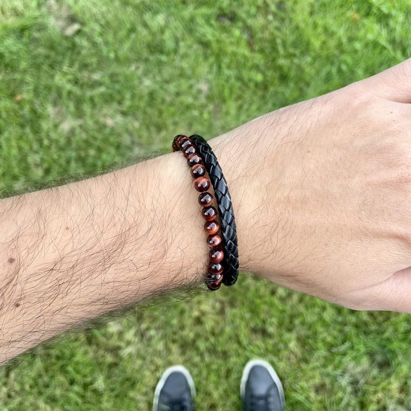 Bracelet Stone en cuir, acier et oeil de tigre rouge