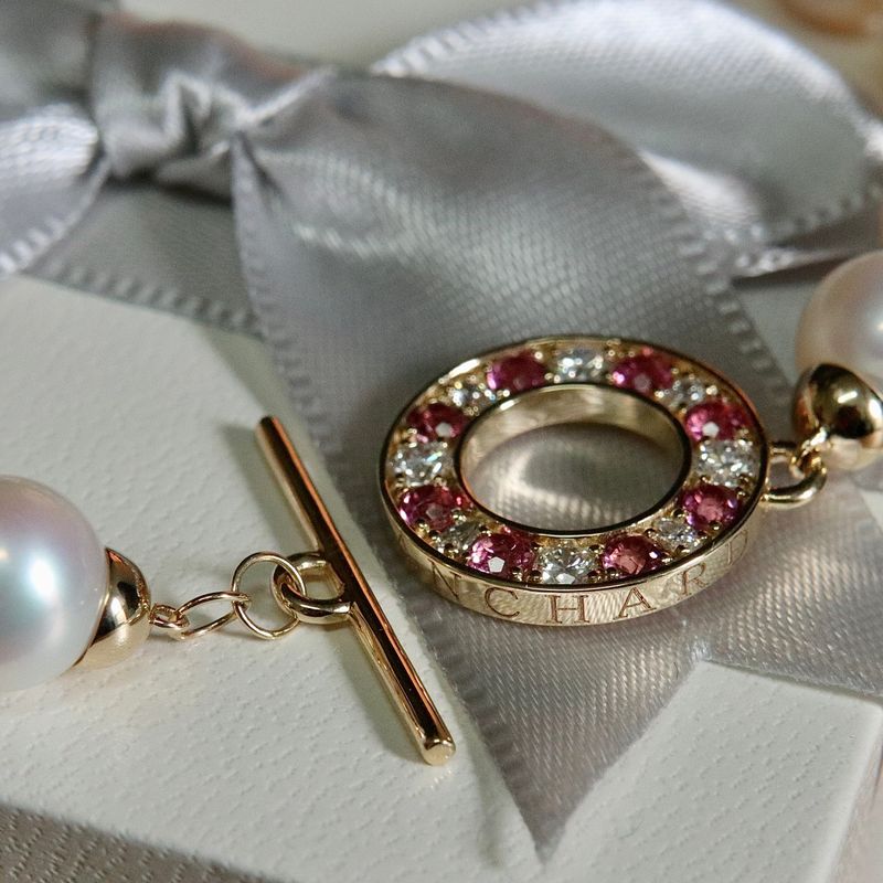 Bracelet de perles d'eau douce, or 14K serti de tourmalines et diamants