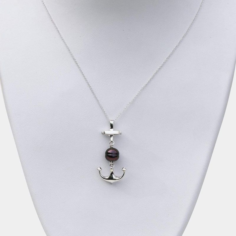 Collier ancre marine en argent sterling et perle de Tahiti 9mm