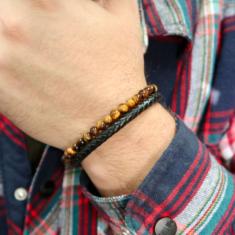 Bracelet Stone en cuir, acier et oeil de tigre
