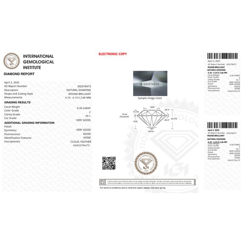 Diamant Naturel Taille Brillant Rond 0,30 ct F VS1