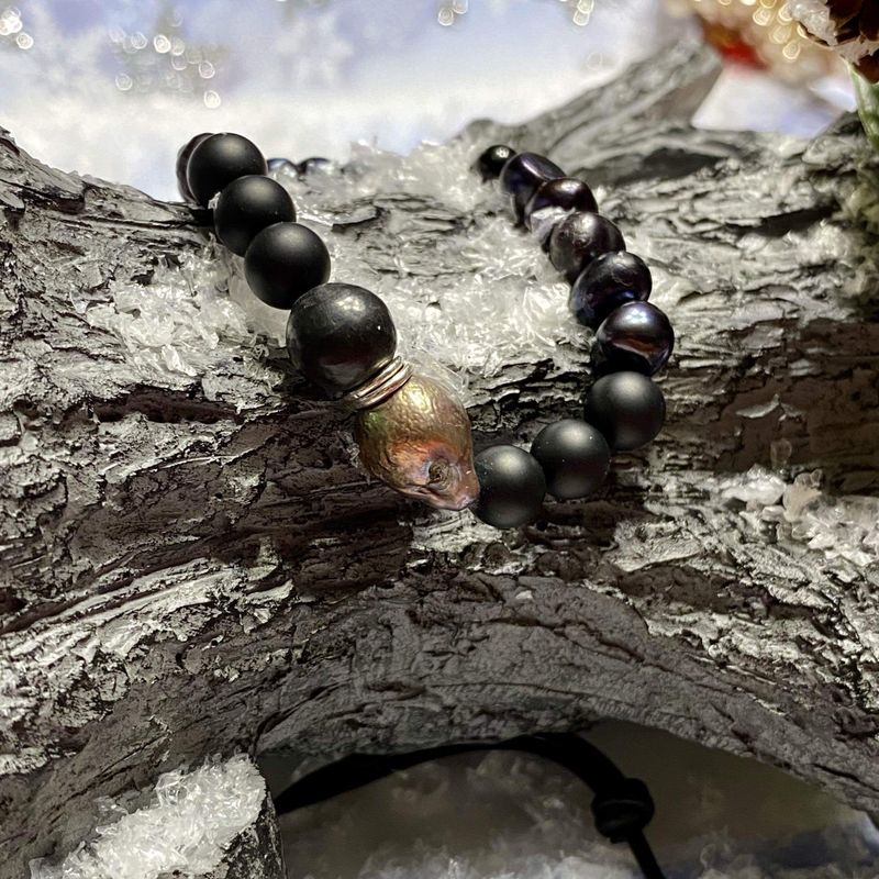 Bracelet de perles, terre cuite, jaspe, onyx et argent sterling