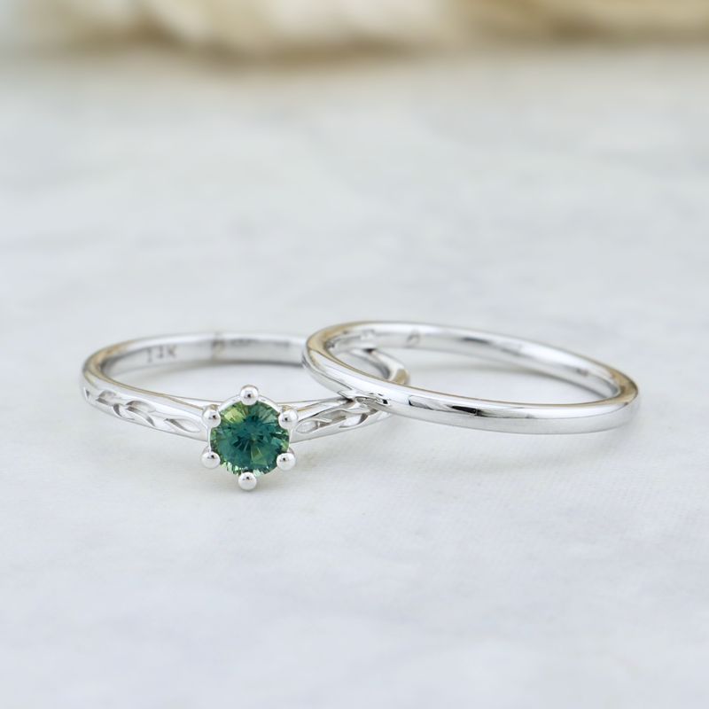 Bagues Ensemble d'alliances en or 14K - 18K ou platine et saphir Bleu - Vert