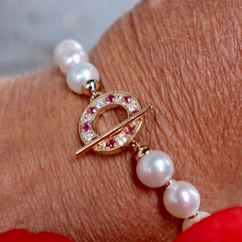 Bracelet de perles d'eau douce, or 14K serti de tourmalines et diamants