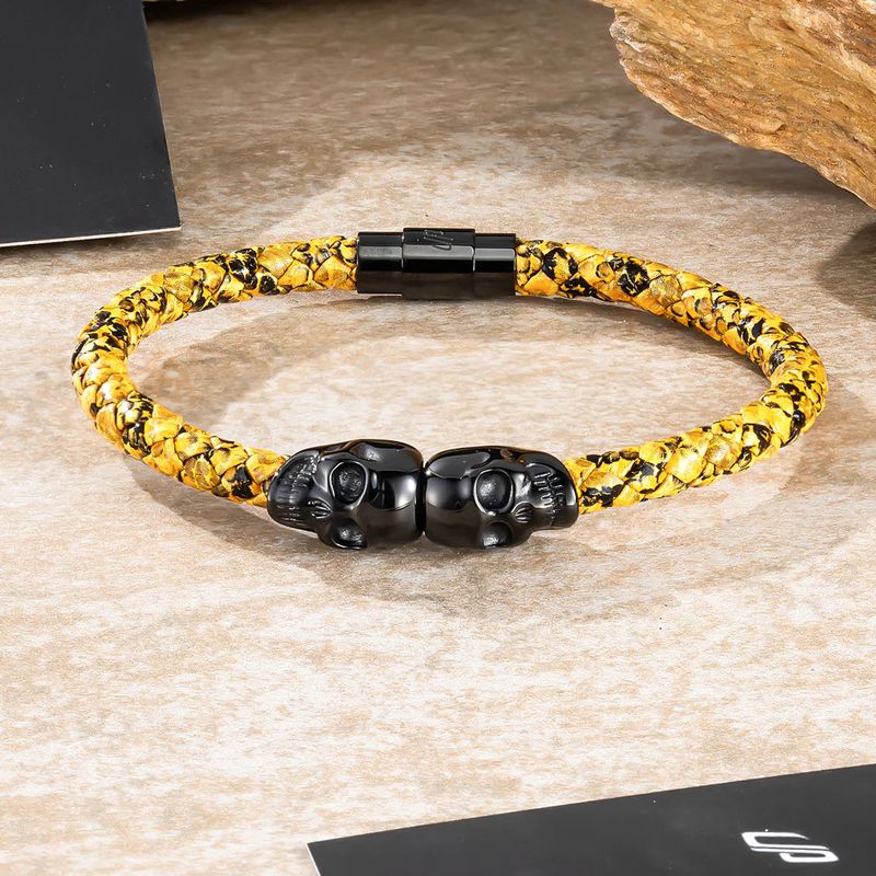 Bracelet Double tête de mort en cuir
