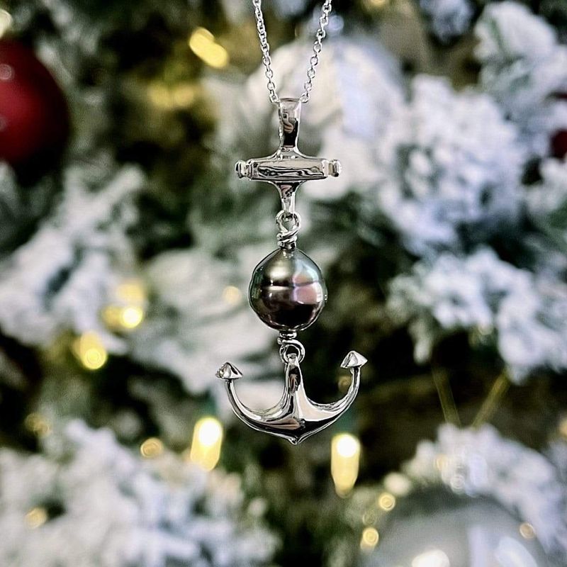 Collier ancre marine en argent sterling et perle de Tahiti 9mm