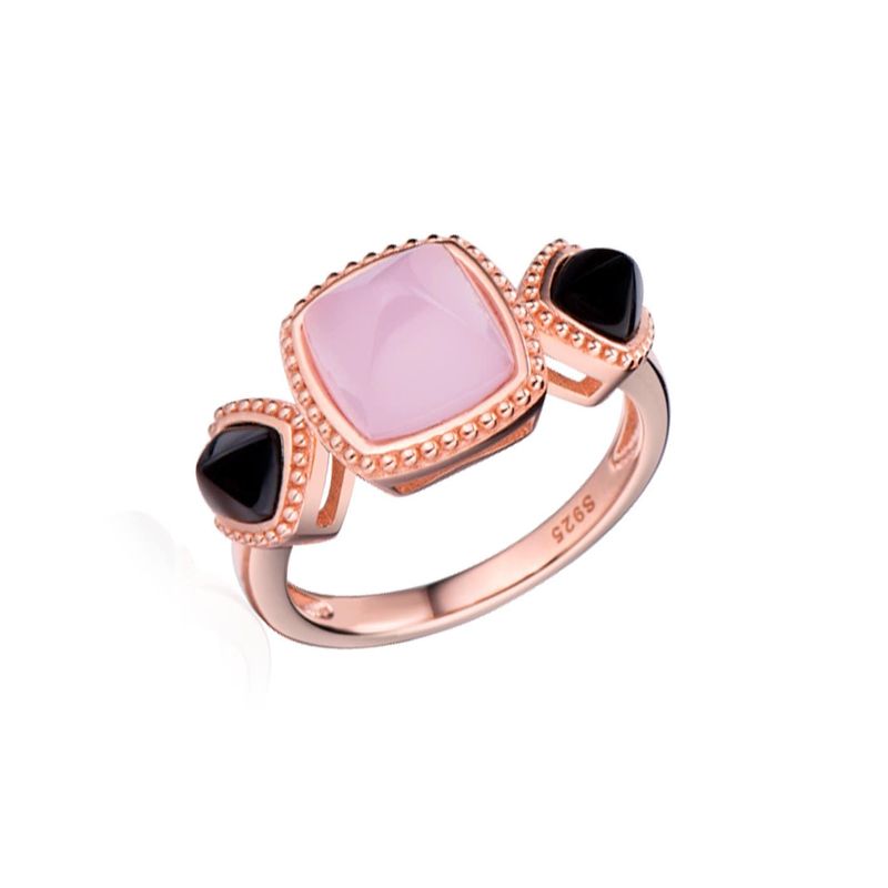 Bague Punk doux agate noire et rose en argent 925 plaqué or rose