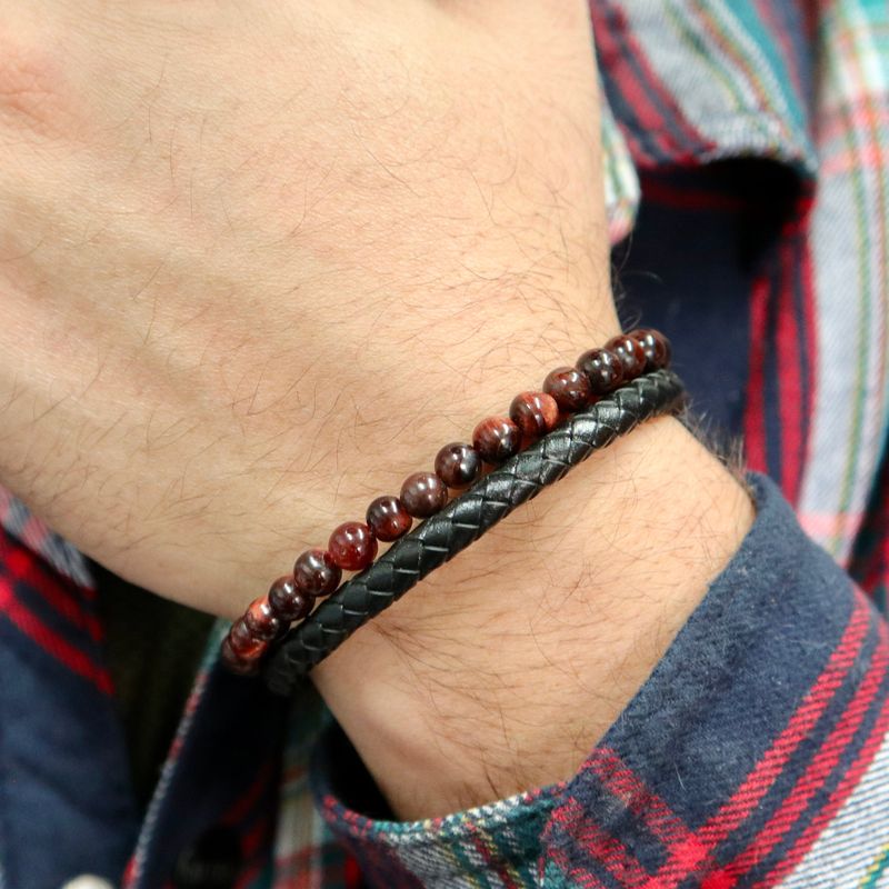 Bracelet Stone en cuir, acier et oeil de tigre rouge