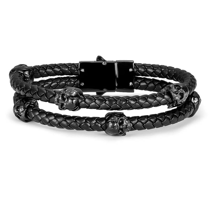 Bracelet Double tête de mort en cuir