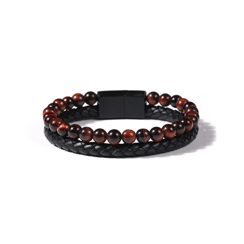 Bracelet Stone en cuir, acier et oeil de tigre rouge