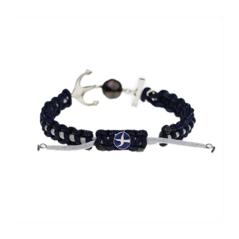 Bracelet Ancre marine macramé, argent sterling et perle de Tahiti