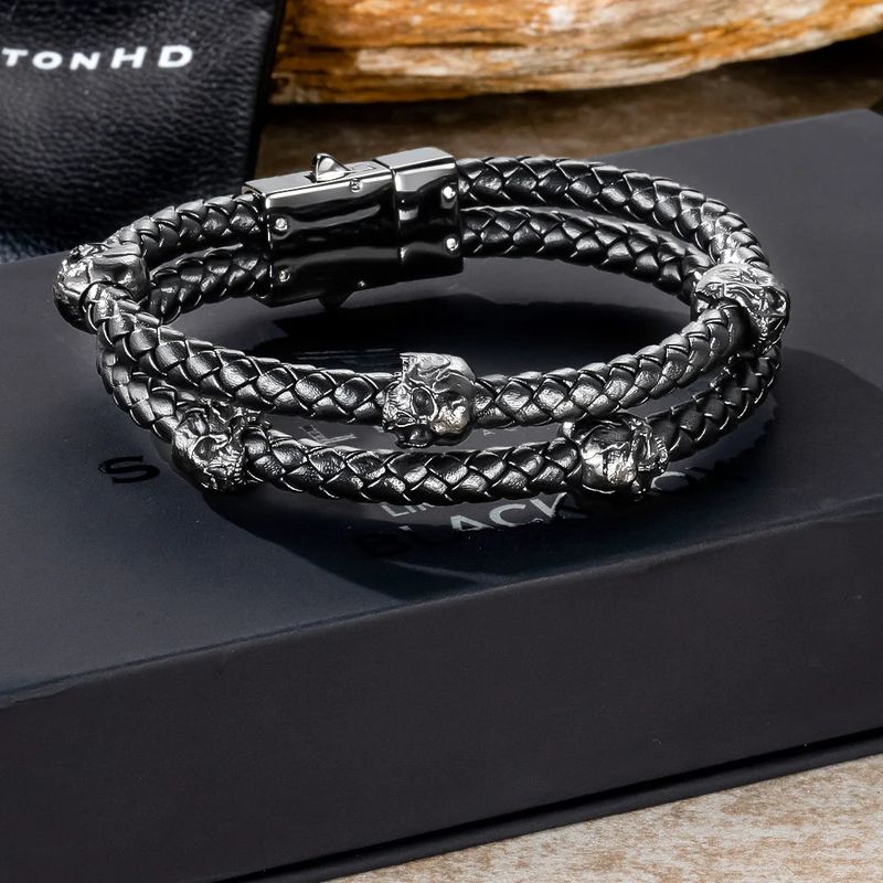 Bracelet Double tête de mort en cuir