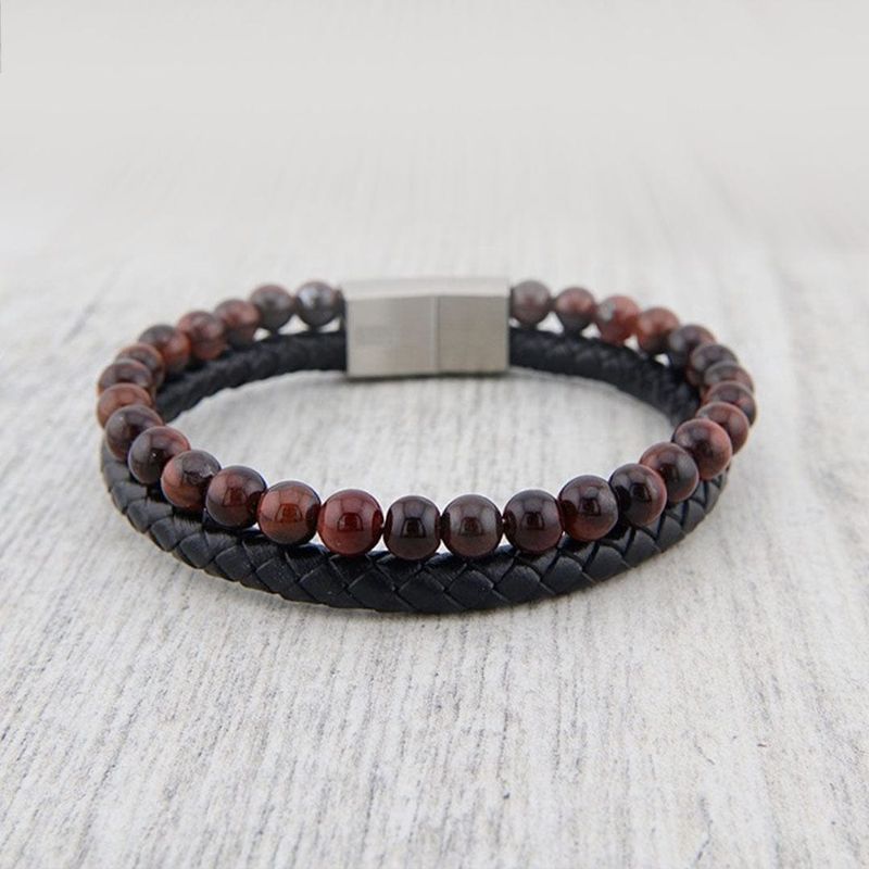 Bracelet Stone en cuir, acier et oeil de tigre rouge