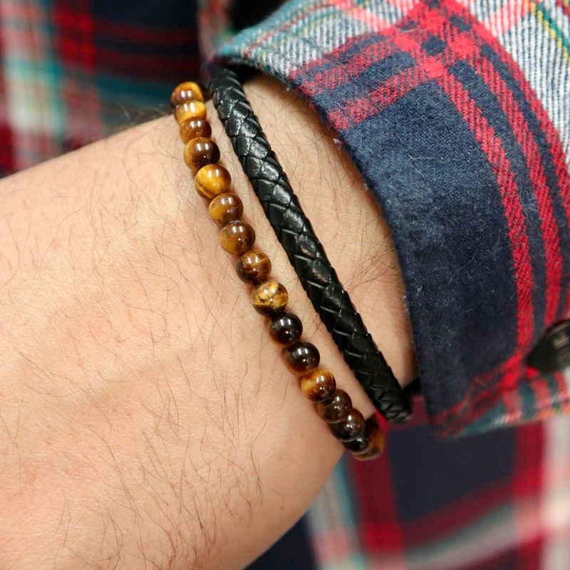 Bracelet Stone en cuir, acier et oeil de tigre