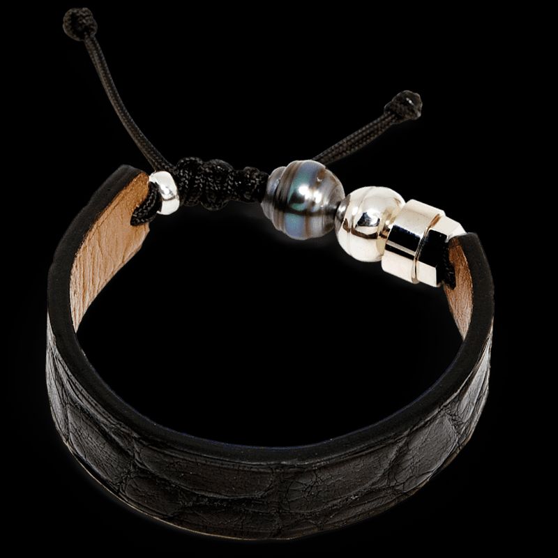 Bracelet en cuir de crocodile, perle de Tahiti  et argent sterling
