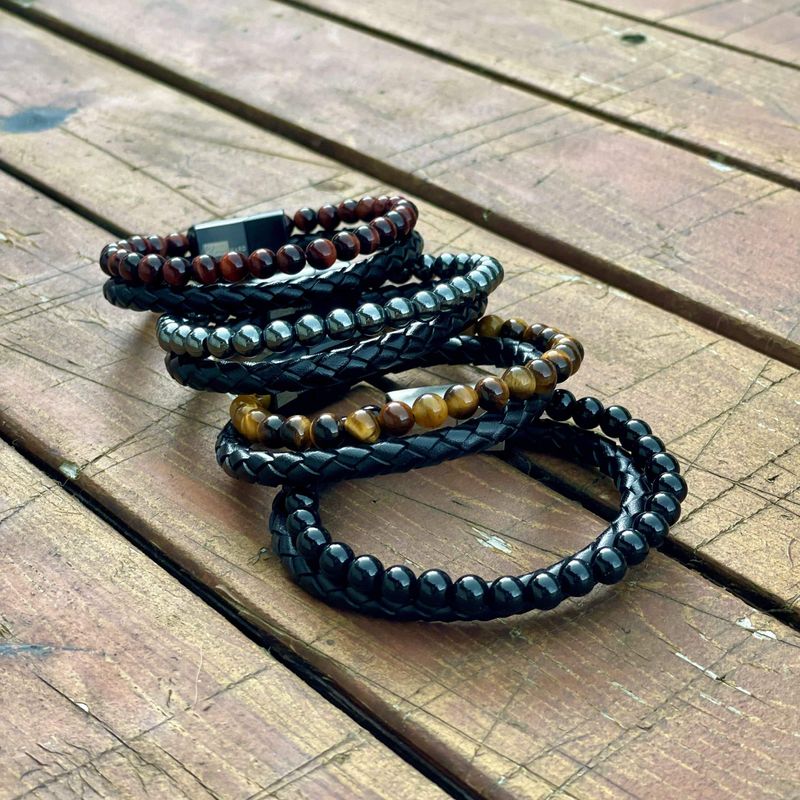 Bracelet Stone en cuir, acier et oeil de tigre