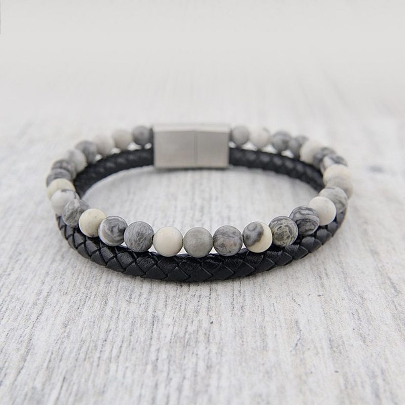 Bracelet Stone en cuir, acier et jaspe