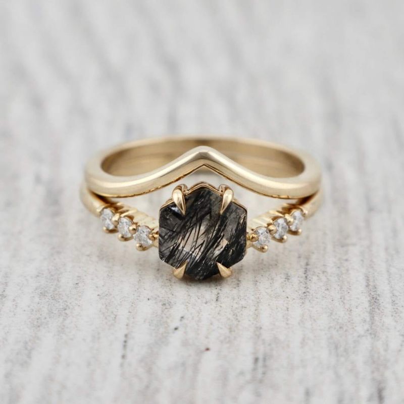 Bagues Ensemble d'alliances Rutile en or jaune 10K et moissanites