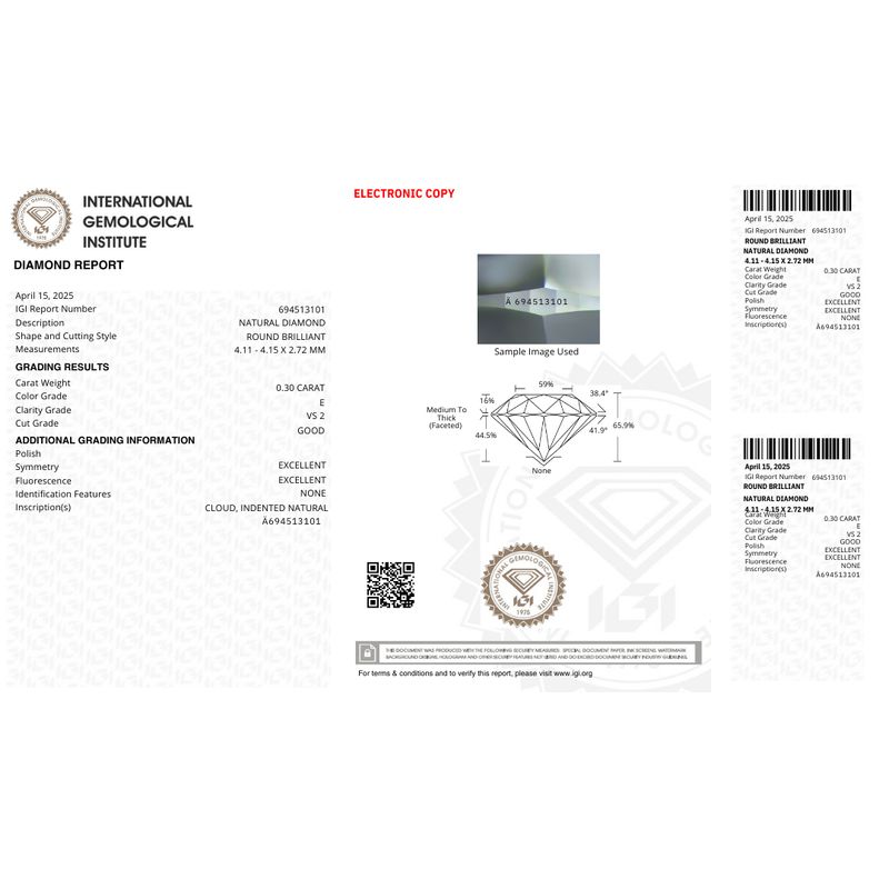Diamant Naturel Taille Brillant Rond 0,30 ct E VS2