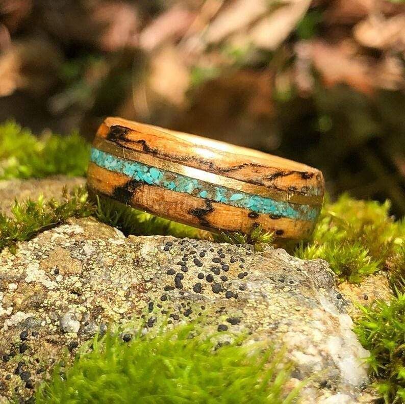 Bague en bois, turquoise et argent sterling, or 14K ou 18K personnalisée