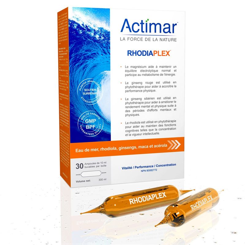 Rhodiaplex® Électrolytes marins, ginsengs, rhodiodal, maca et acérola en ampoules • Actimar®